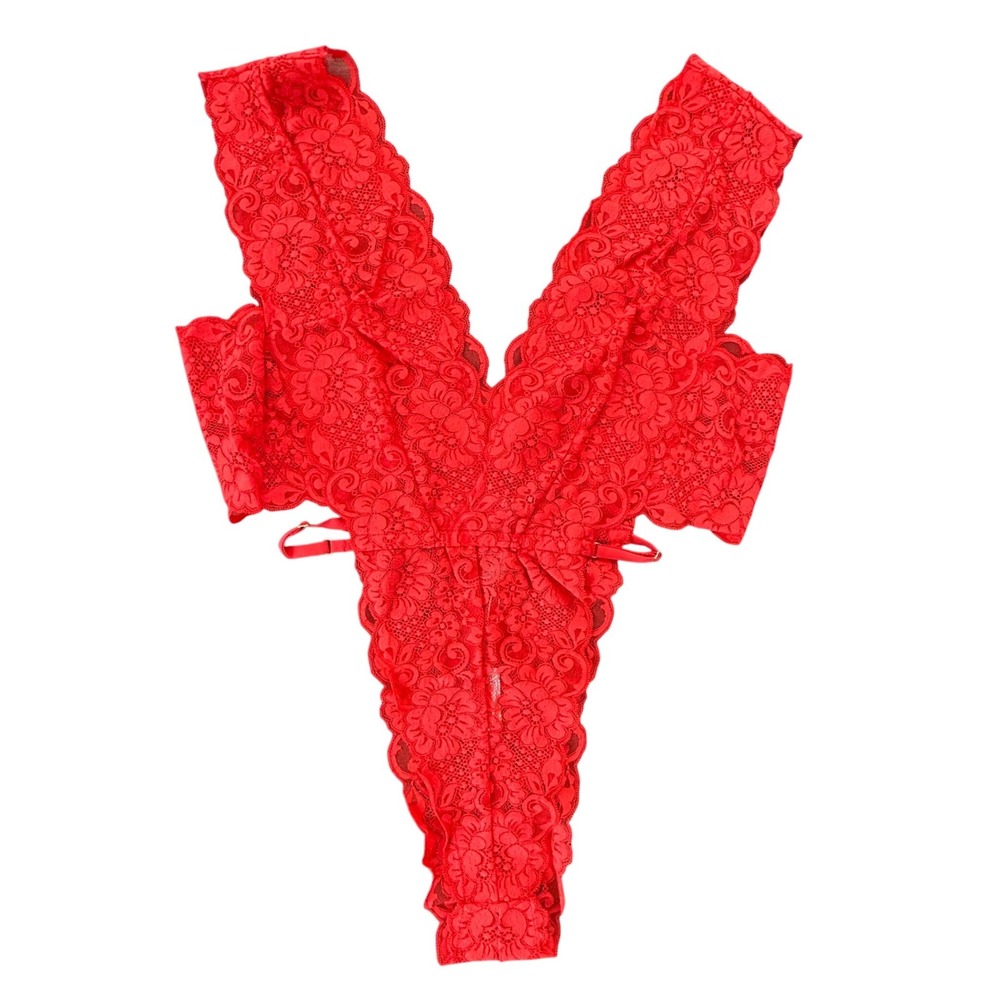 We Are HAH Cut To The Chase Bodysuit Blood Orange Lace Teddy XL 80202 NEW